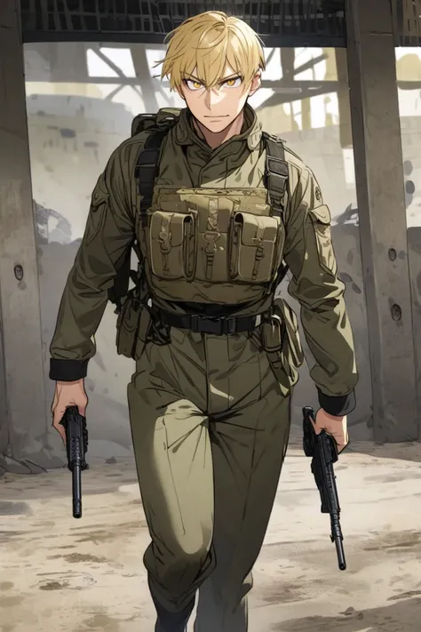 blond hairs, man, short hair, golden eyes, military, army outfit, 