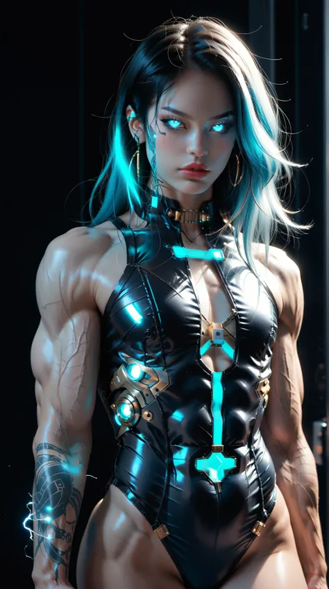 (nsfw:1), (Uncensored:1), score_9, score_8_up, score_7_up, (three quarters Shot), (1 girl), (asian), beautiful teenage (skinny) muscular goth cyborg girl, (full Cybernetic bodysuit:1.5), (black sclera:1.5), (blue glowing eyes:1.5), (blue glowing electric v...