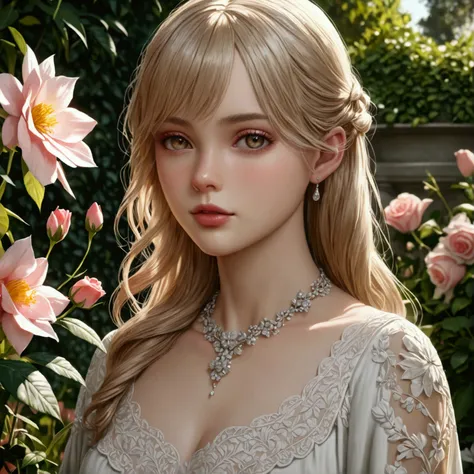 a beautiful girl with light blonde hair, pale skin, rosy cheeks, detailed facial features, elegant dress, standing in a lush garden, (best quality,4k,8k,highres,masterpiece:1.2),ultra-detailed,(realistic,photorealistic,photo-realistic:1.37),highly detailed...