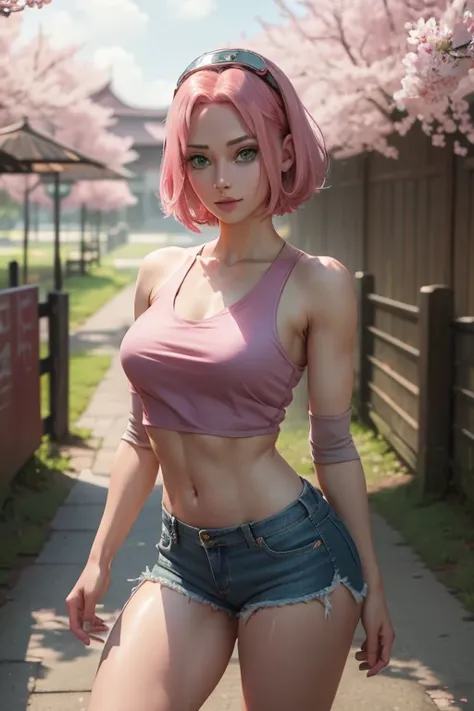 SAKURA, 1girl, sakura haruno, solo, (realistic:0.5), masterpiece, solo, (best quality, perfect detailed, beautifully detailed face, detailed eyes), glistening shiny, ray tracing, DOF, HDR, gradient eyes, sharp eyelashes, ((eyelashes)), mascara, detail_face...