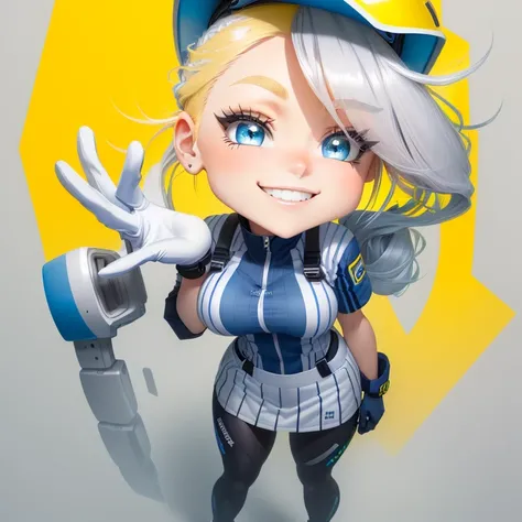 A cartoon-style adult woman with blonde hair tied in a ponytail secured by a blue hairband. She has a wide, cheerful smile, large expressive eyes, and prominent eyelashes. She is dressed in gray workwear designed for adults, featuring bright reflective yel...