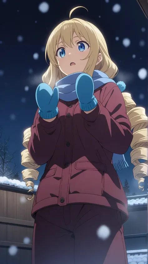 upper body, a girl, facing up, blonde, long hair, drill hair, ahoge, blue eyes, slant eyes, narrow eyes, maroon sportswear long pants, maroon sportswear, Black platform boots, Blue mitten scarf, mittens, w arms, outstretched hand, at midnight, with snow, s...