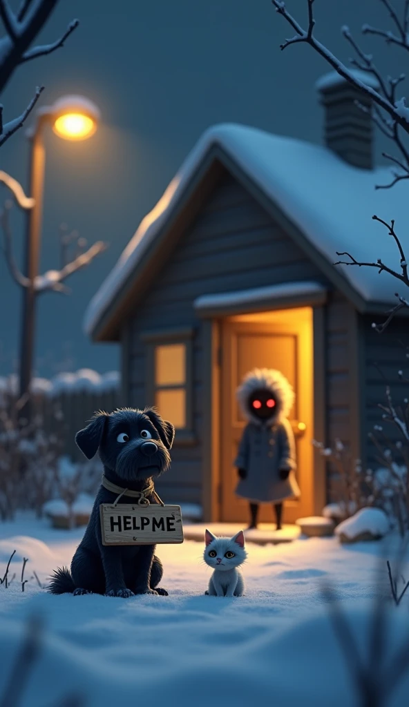 A 3D animation for ren with a charming and gentle style. A heartbreaking nighttime scene of a snowy yard in front of a small, dimly lit house. In the center, a sad little black dog sits in the snow, wearing a wooden sign around his neck that says “HELP ME”...