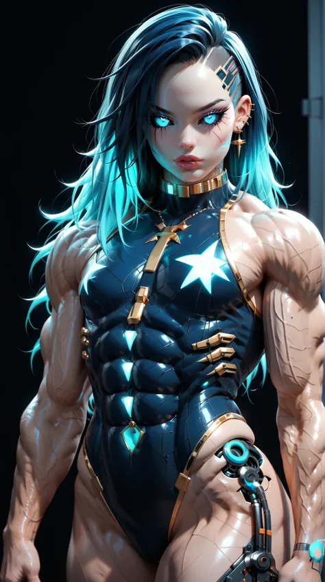 (nsfw:1), (Uncensored:1), score_9, score_8_up, score_7_up, (three quarters Shot), (1 girl), (asian), beautiful teenage (skinny) muscular goth cyborg girl, (full Cybernetic bodysuit:1.5), (black sclera:1.5), (blue glowing eyes:1.5), (blue glowing electric v...