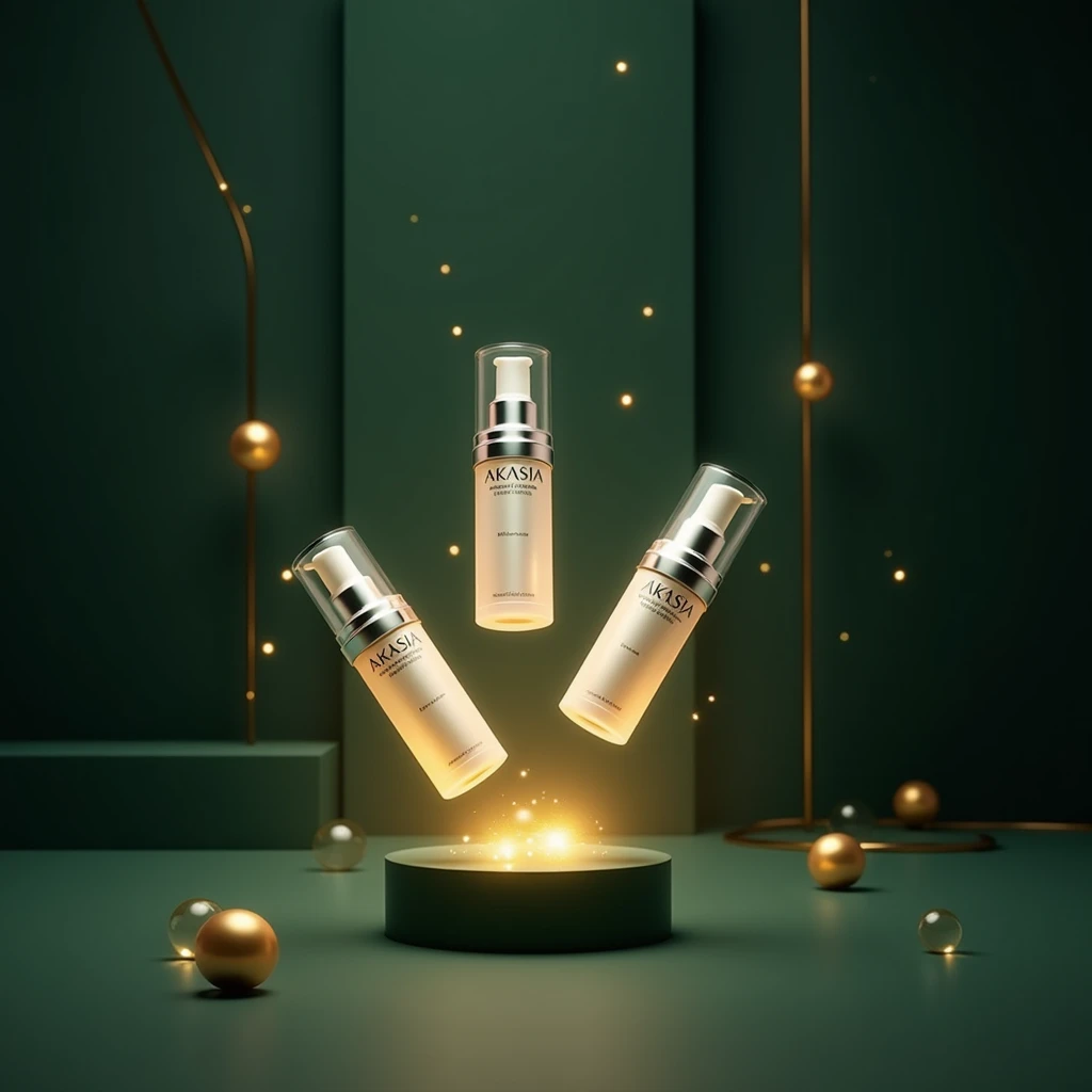 A luxury product promotional poster featuring three premium skincare items floating in the air, appearing to hover randomly as if tossed in motion. The label reads "AKASIA" on the product, The product is highlighted with a glowing effect to emphasize its e...