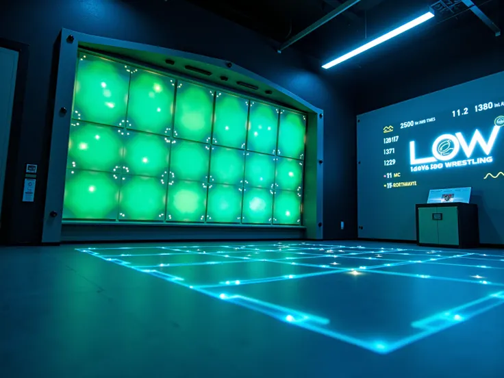 "Create a comic book-style image of the Reaction Zones within the Velocity Center, showcasing a high-tech area designed to test reflexes and agility. The focal point is a sleek wall of illuminated panels arranged in a grid, glowing in shades of green and b...