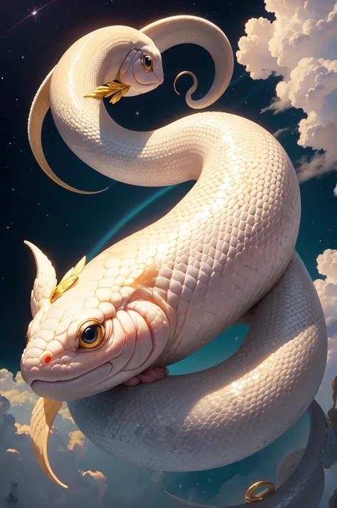 White cute snake,look this way,Winding the tuna,Above the Clouds,Aura of Gold,Shining