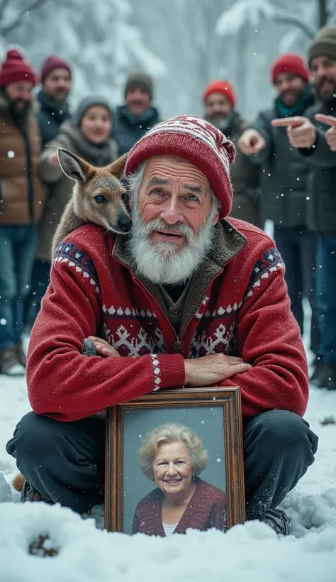 Generate in ultra realistic photo format. An old man with a few gray hairs is kneeling in the middle of the white snow, he hugs a picture frame that has a photo of an old woman, his wife, he cries a lot. In the background around him there are 6 people poin...