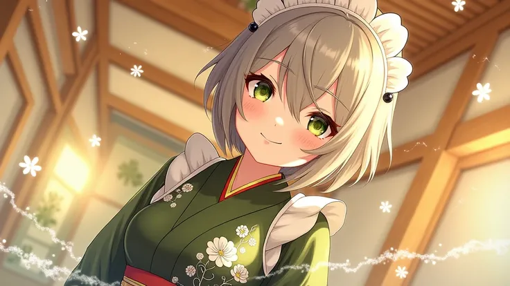 Hinomori Shiho,Maid, shortcut,kimono,Grey Hair, smiles, green eyes