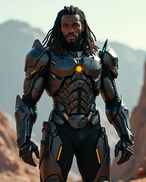 A african american man with dreads, full space armor, glowing gold eyes, full body, serious face, legs standing tall