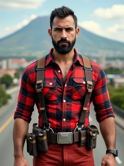 obra maestra, Mejor calidad, high resolution, Retrato de primer plano, (1 chico:1.4) A man in a lumberjack suit, muscular, (con camisa: 1.2) enfoque masculino, enfocarse solo, piel bronceada, 38-year old man,  muscular, fuerte, peludo, Masculino, (descamis...