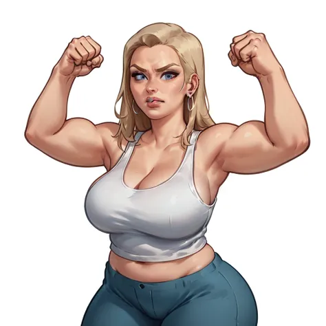 blonde,   curvy woman with big breasts and big ass ,   poses with arms raised at her sides, clenching her fist  , white tank top, chubby