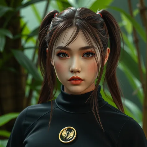 25yo, profile photo, zoomed on face, Photorealistic image of a 25-year-old female with a sexy appearance and brown hair styled in twintails. She is covered completely by a black shirt with a gold circular emblem around her neck, The textures should be hype...