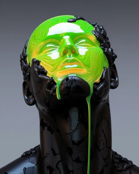 The black head of a man with orange liquid dripping from the eye, cyberpunk-style, with dark gray and light bronze styles, bold use of colors, hyper-realistic sculpture, bold contrast between matte plastic surfaces and shiny resin materials, surreal sci-fi...