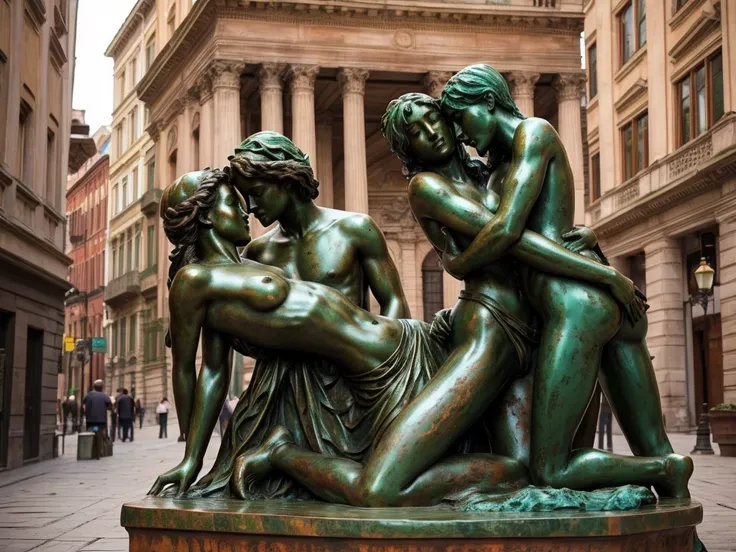 2 bronze statues、rust、Faded、Verdigris 、patina, copper green rust,  Bernini Style、 beautiful woman、Embrace each other、 have sex 、Semi-nude、 Sensual Poses、City Square 、(( top quality))