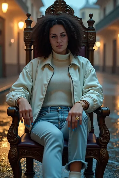  Girl 30 years old curly hair black brown reflections dark brown eyes,  white bomber jacket , white turtleneck sweater ,  big round sagging provident breasts ,  off-blue jeans ,  Nike dunk low sneakers white and blue  , nails blue , gold ring ,  gold brace...