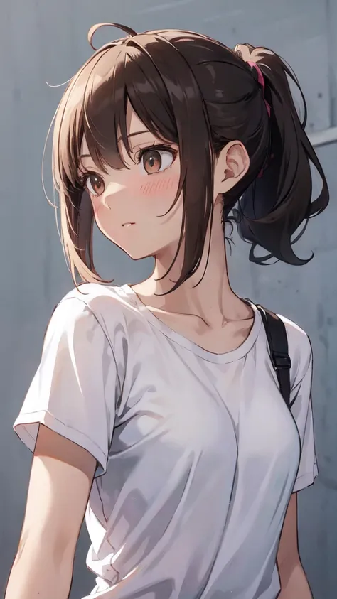 1girl,  small breasts,baggy white t-shirt,
face close-up,raise your hand,I can see the side,
eliminate shadows
brown hair,long hair,tie hair,tie hair back,
brown eyes,blush, nose blush, embarrassed,very embarrassed,face forward,best quality
embarrassed fac...