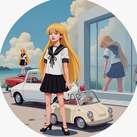  morning glow、philip guston、 Andy Warhol 、 Lolita Girl in a Beautiful Sailor Suit、Black clothes、 Super Miniskirt 、 long golden hair、 Reflected in Glass 、 black panties、White Piano、 Surrealist Painting、 dress,cloud, girl、１９６０Period Manga 、Japanese, 1970s fa...