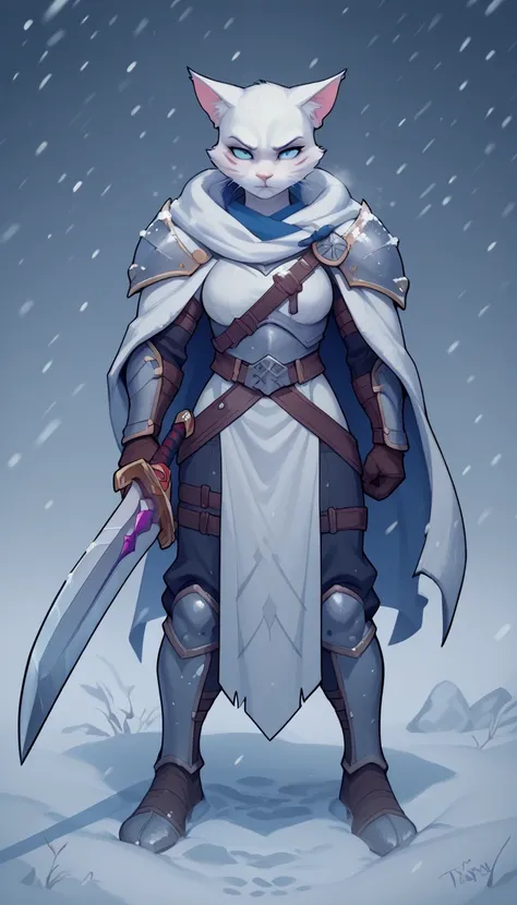 (zPDXL2), (PonyXLV6_Scores), source_anime, rating_explicit, Expressiveh, full body shot, asymmetric image, BREAK
lhata4564, Anthro cat, woman, white cat warrior, Sword in both hands, sword focus, snowfall, blizzard, Snowy background