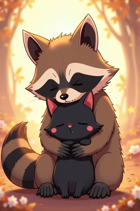 Male raccoon hugging a female black kitten anime version