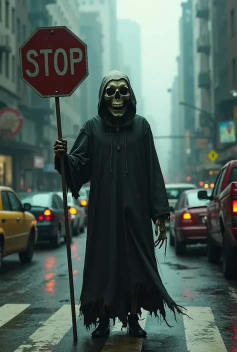 close up of a traffic crossing guard with a skull head in the middle of a street, nightmare, highest definition, highest detail, highest quality 