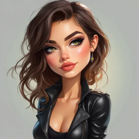 close up, whimsical Pixar-style caricature cartoon image of a stunning woman wearing black leather short and a black leather jacket open in the front 