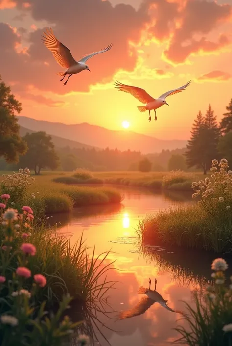 Nature, romantic sunset vibe, birds, background, realistic shot 