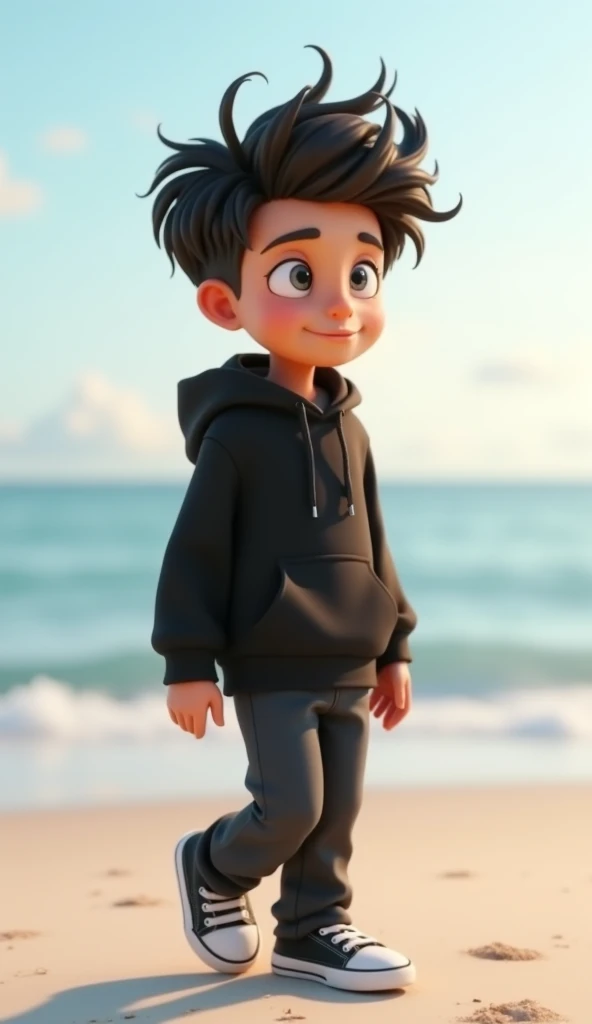  Create an animated 3D character in semi-realistic style for the animated video .  The character is a small  with a light skin tone and rather random short hair . He was wearing a black hoodie ,  long black jeans ,  and black-and-white sneakers .  This cha...