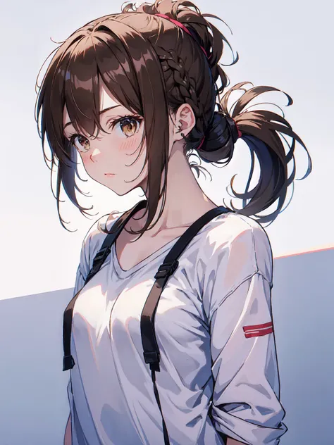 1girl,  small breasts,baggy white t-shirt,
face close-up,raise your hand,I can see the side,
eliminate shadows
brown hair,long hair,tie hair,tie hair back,
brown eyes,blush, nose blush, embarrassed,very embarrassed,face forward,best quality
embarrassed fac...