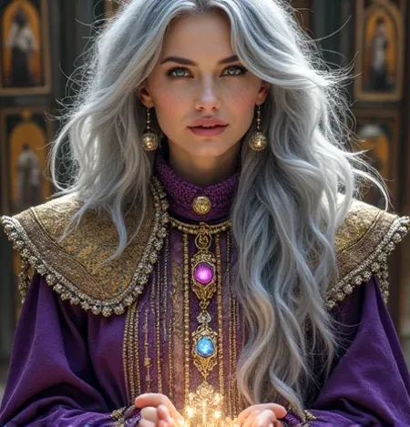  beautiful western fortune teller has sparkling jewels in his hands。Her hair is silver、 clothes are purple gradation 、Background is tarot card 