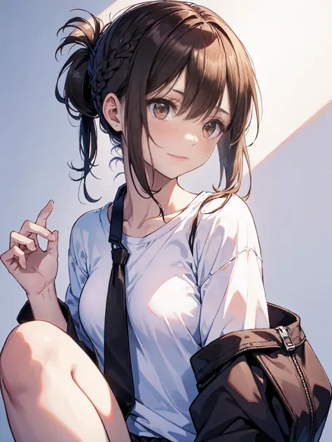 1girl,  small breasts,baggy white t-shirt,
face close-up,raise your hand,I can see the side,
eliminate shadows
brown hair,long hair,tie hair,tie hair back,
brown eyes,blush, nose blush, embarrassed,very embarrassed,face forward,best quality
embarrassed fac...