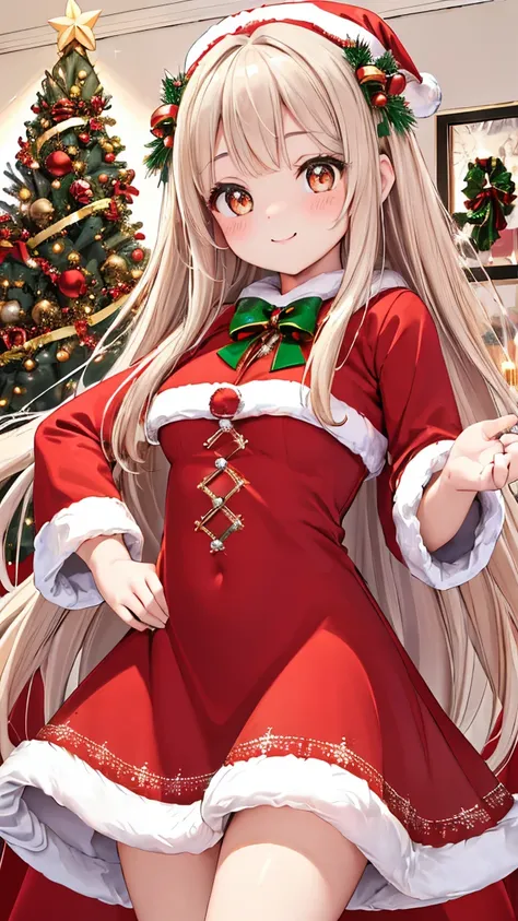 (masterpiece:1.4, best quality:1.4, ultra detailed:1.3, highres:1.2)
(beautiful young girl:1.4, cute face:1.4, innocent expression:1.3)
(santa costume:1.4, red dress:1.3, white fur trim:1.3, gold decorations:1.2, christmas outfit:1.3)
(long hair:1.3, flowi...