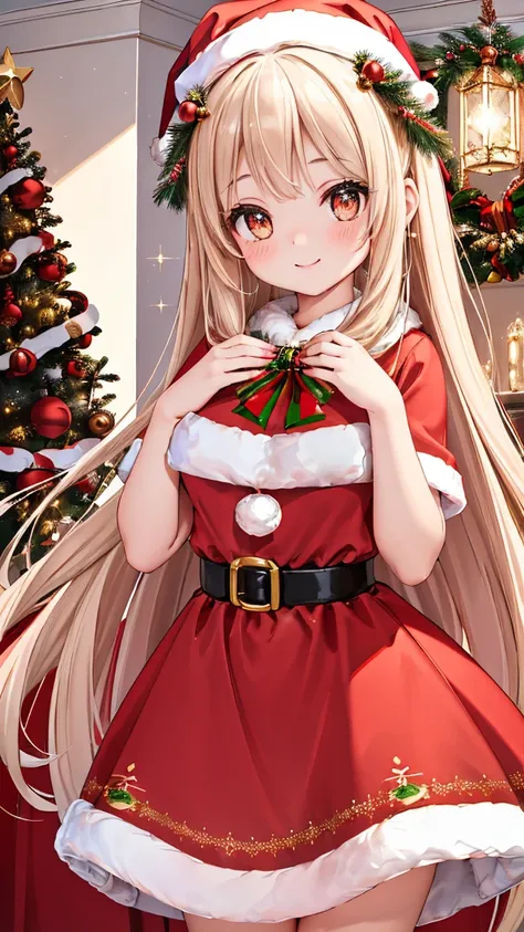 (masterpiece:1.4, best quality:1.4, ultra detailed:1.3, highres:1.2)
(beautiful young girl:1.4, cute face:1.4, innocent expression:1.3)
(santa costume:1.4, red dress:1.3, white fur trim:1.3, gold decorations:1.2, christmas outfit:1.3)
(long hair:1.3, flowi...