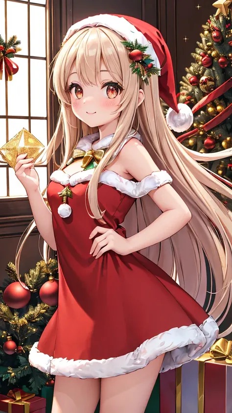 (masterpiece:1.4, best quality:1.4, ultra detailed:1.3, highres:1.2)
(beautiful young girl:1.4, cute face:1.4, innocent expression:1.3)
(santa costume:1.4, red dress:1.3, white fur trim:1.3, gold decorations:1.2, christmas outfit:1.3)
(long hair:1.3, flowi...