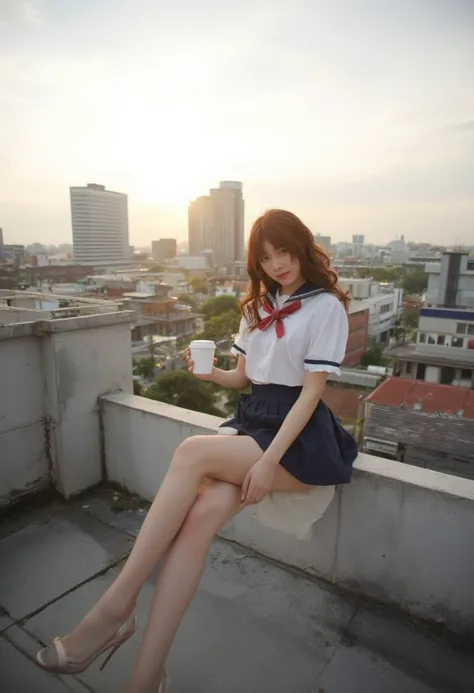 A young Asian woman with shoulder-length, auburn hair sits on the edge of a rooftop, her legs dangling over the side. She sports a sailor uniform with a collared blouse and a high-waisted miniskirt that showcases her zettai ryouiki. Her posture is relaxed,...