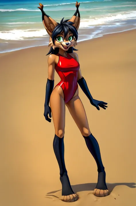 Lynx cartoon girl full length slim skinny in a red tight lycra swimsuit on the beach with a happy face black hair green eyes big feet