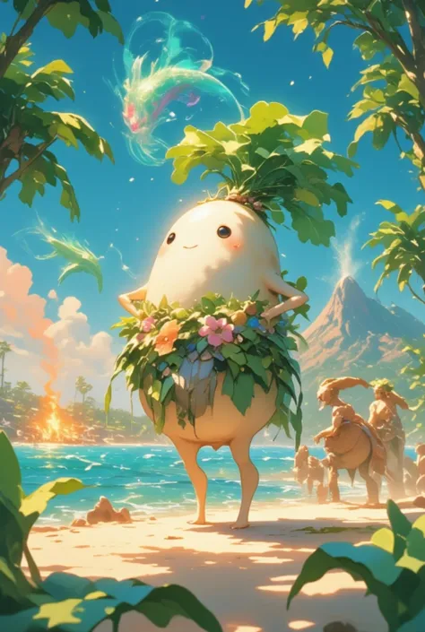 Visualize a DAIKON character immersing in a Tropical Island Festival, inspired by both the lush landscapes and magical elements customary in Final Fantasy. The character, this time with a smooth radish exterior and leafy top, is dressed in garments woven f...