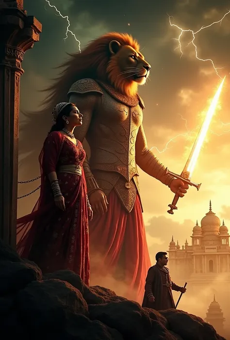 Epic Bollywood movie poster featuring a stormy, dramatic backdrop of dark clouds and lightning, with a grand, ancient Indian palace faintly visible. A towering, majestic figure with the head of a lion and the body of a man stands in royal armor, holding a ...