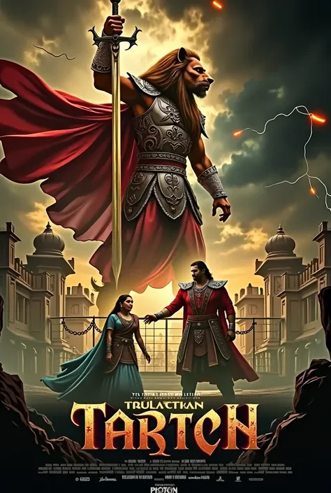 Epic Bollywood movie poster featuring a stormy, dramatic backdrop of dark clouds and lightning, with a grand, ancient Indian palace faintly visible. A towering, majestic figure with the head of a lion and the body of a man stands in royal armor, holding a ...