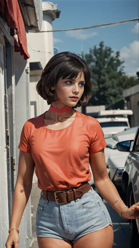 Natalya Varley from the Soviet film "Кавказская пленница", very beautiful, sweet, hot sexy model, bob haircut with bangs, brown eyes, perfect facial features, summer makeup, dimples on cheeks, very tanned dark skin, thin neck with slave choker, very beauti...