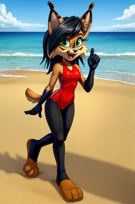 Lynx cartoon girl full length slim skinny in a red tight lycra swimsuit on the beach with a happy face black hair green eyes big feet