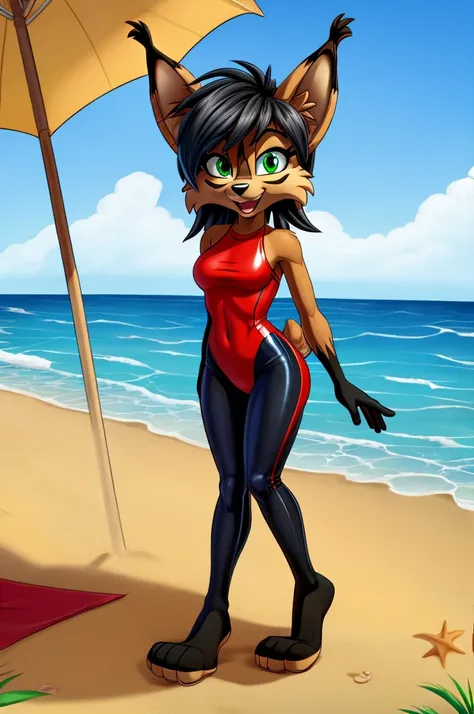 Lynx cartoon girl full length slim skinny in a red tight lycra swimsuit on the beach with a happy face black hair green eyes big feet