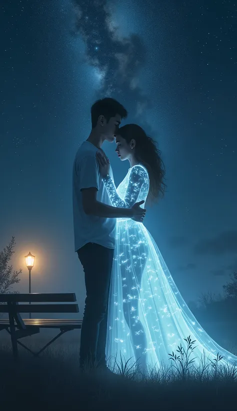 A 18 Year Old Young Boy, A Blue Transparent Soul Of A Beautiful Girl Hugging To The Boy, Night, A Beautiful Milky Way Sky, Lonely Feeling, A Lamp Light, A Banch, Beautiful, Realistic,