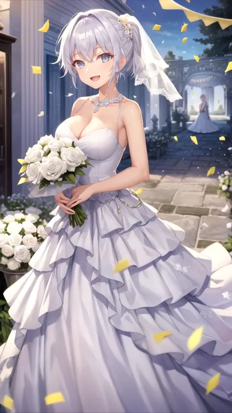 masterpiece, best quality, girl, solo, looking at viewer, lugh_tuatha_de, white hair, grey eyes, large breasts, wedding dress, standing, garden, confetti, holding bouquet, smile, open mouth,