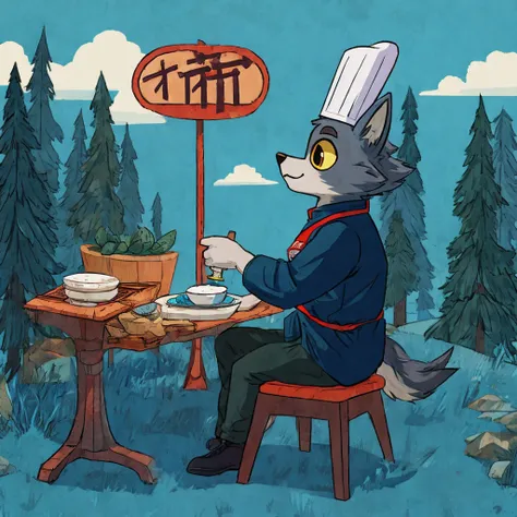 A wolf furry chef sitting in the woods