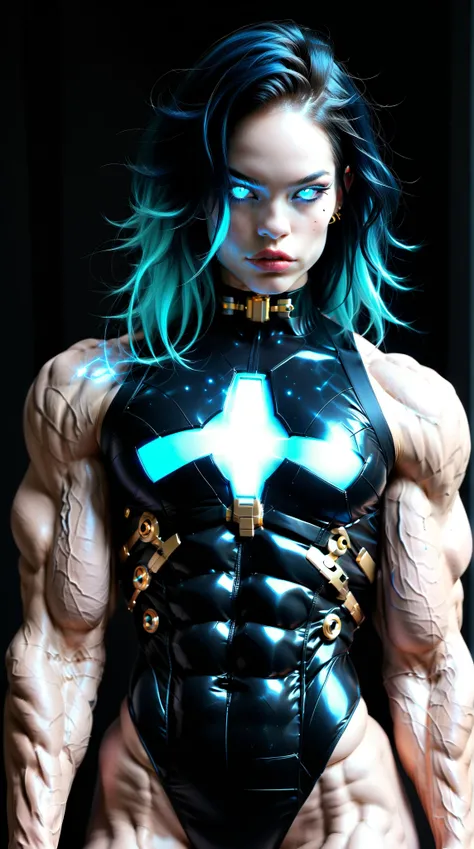 (nsfw:1), (Uncensored:1), score_9, score_8_up, score_7_up, (three quarters Shot), (1 girl), (asian), beautiful teenage (skinny) muscular goth cyborg girl, (full Cybernetic bodysuit:1.5), (black sclera:1.5), (blue glowing eyes:1.5), (blue glowing electric v...