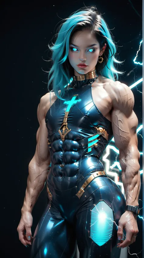 (nsfw:1), (Uncensored:1), score_9, score_8_up, score_7_up, (three quarters Shot), (1 girl), (asian), beautiful teenage (skinny) muscular goth cyborg girl, (full Cybernetic bodysuit:1.5), (black sclera:1.5), (blue glowing eyes:1.5), (blue glowing electric v...