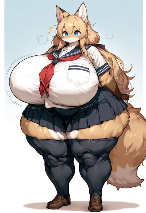 Anime style fox Furry small cute women, (very gigantic breasts gigantic breasts) (very wide huge hips) very long medium legs, in the school uniform,(very gigantic muscles body)