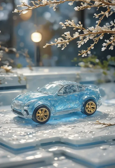 car,racing car,cool body,simple background,ice-scenery,ice sculpture,ice style,made of ice,transparent,creative, whimsical, textured, handmade, sunny day, outdoor scene, close-up, high-resolution, fantasy, attention to detail, craftsmanship