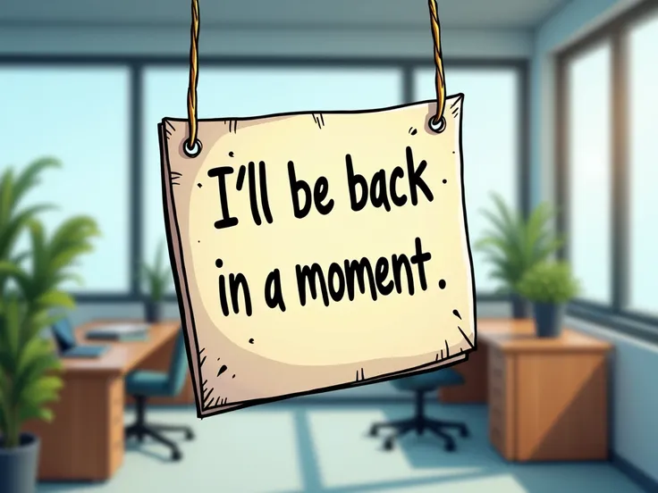 Create a cartoon-style image with a sign hanging from a cord, slightly tilted, with the phrase "Ill be back in a moment", with a blurred office image in the background.